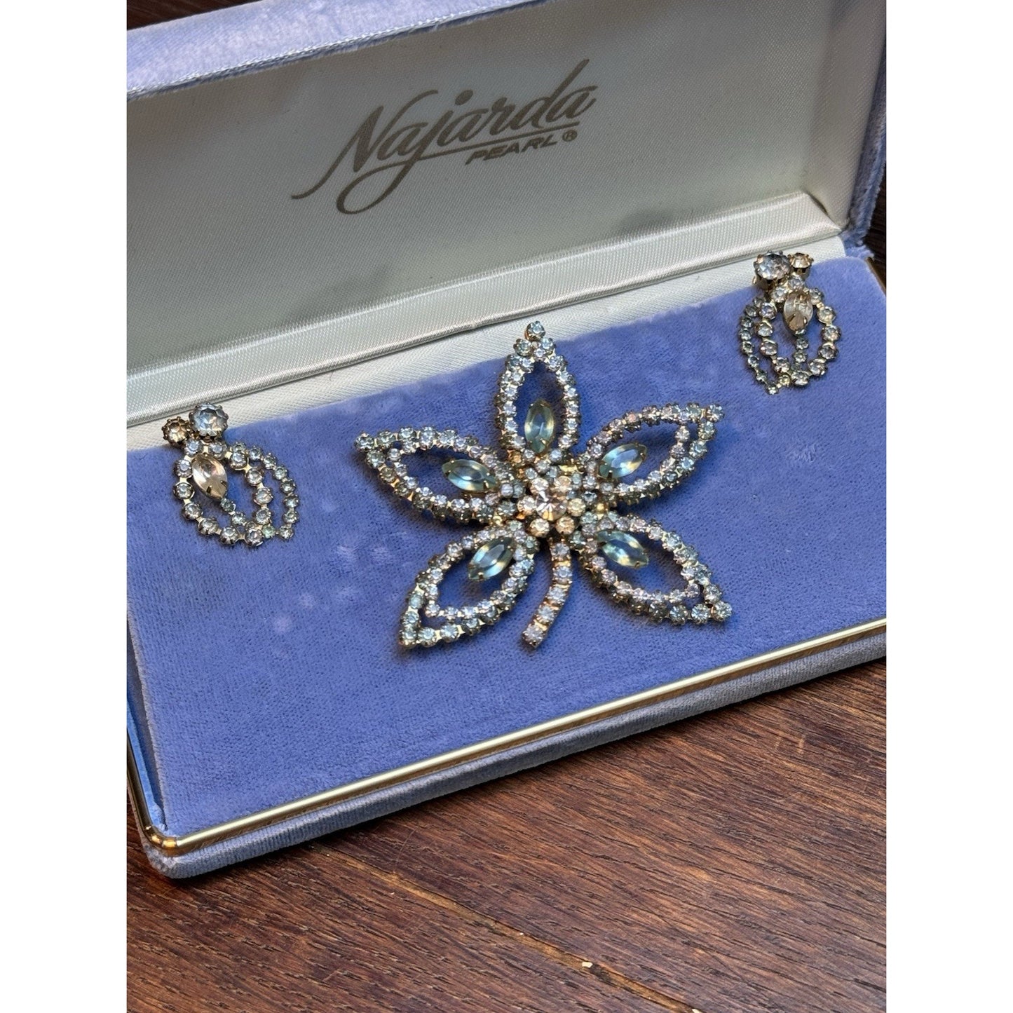 Vintage Rhinestone Brooch & Earring Set Blue Rhinestones Openwork Floral Design