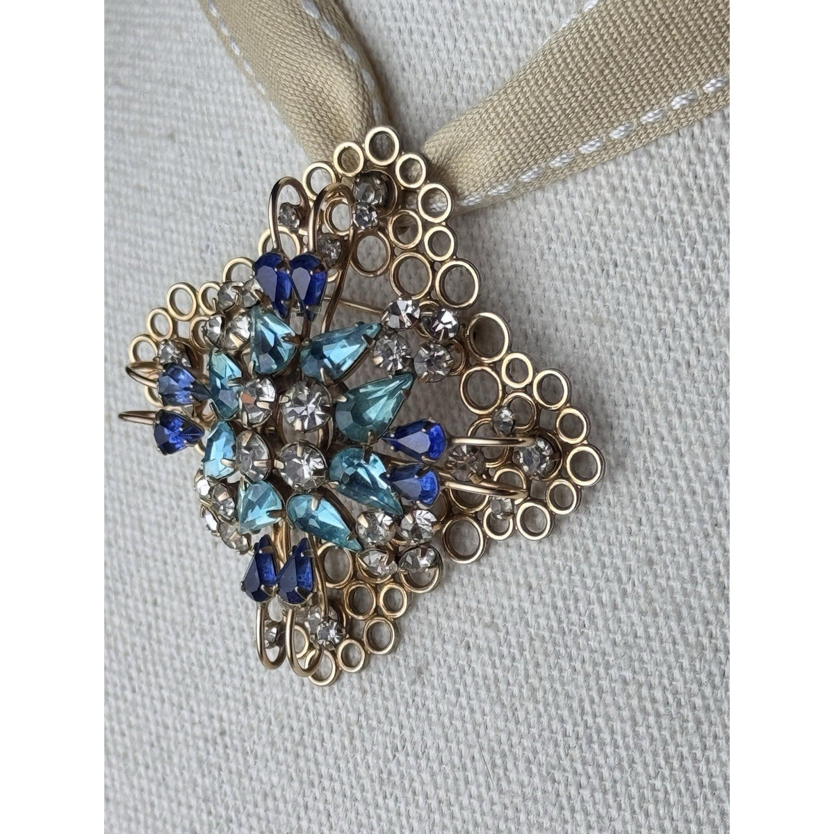 Deri Brooch Pendant Blue Rhinestone Gold Filled SIGNED 2” Vintage
