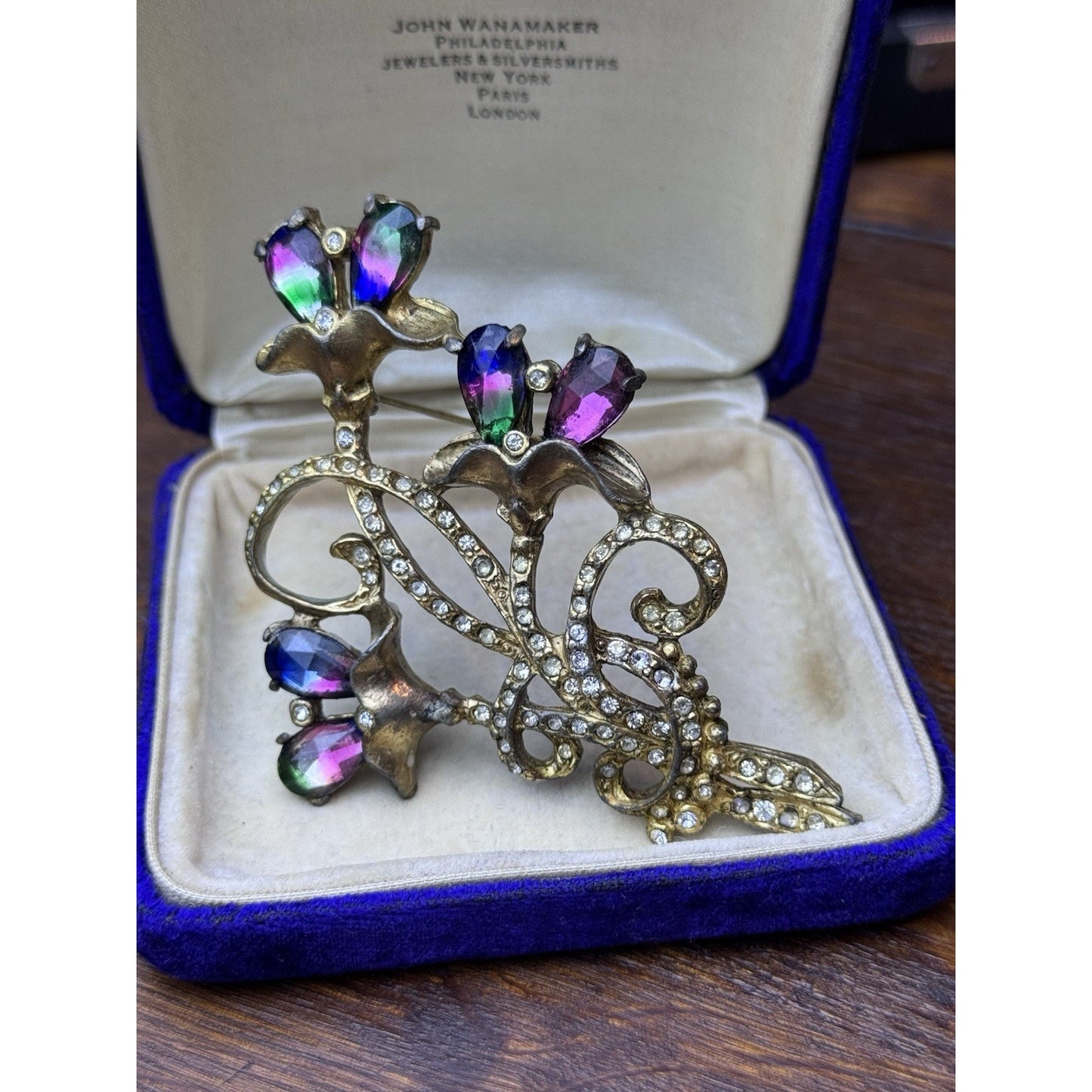 Vintage Brooch Pot Metal Floral Iris Watermelon Rhinestone Clear Paste Pin 3.75”