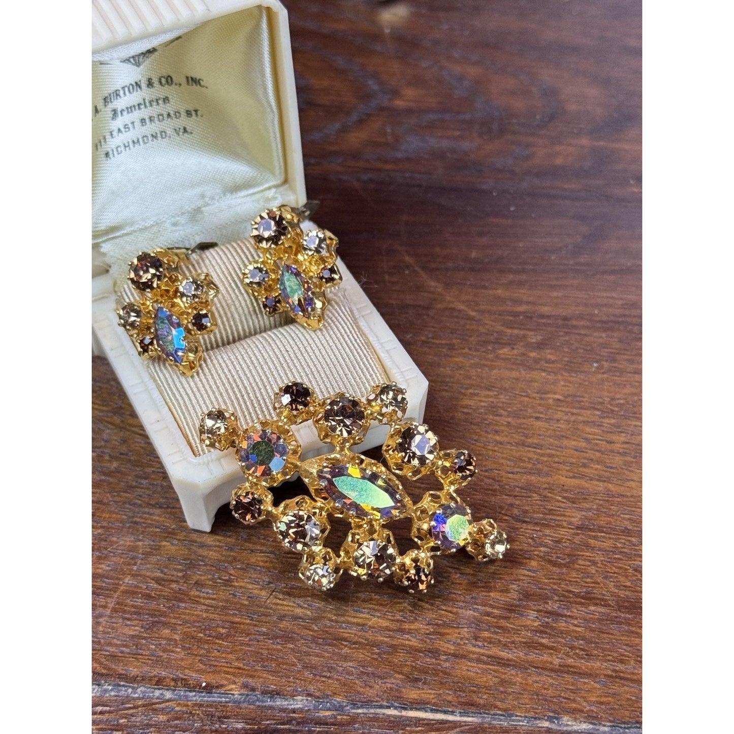 Vintage STAR Austria Brooch Earrings Set AB Rhinestone Goldtone 2” Demi Parure