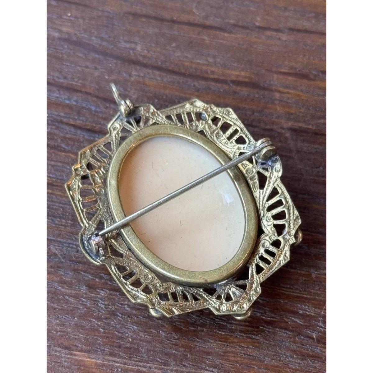 Vintage Faux Cameo Brooch Pendant Faux Pearl Filigree Frame Antique Style 1.875”