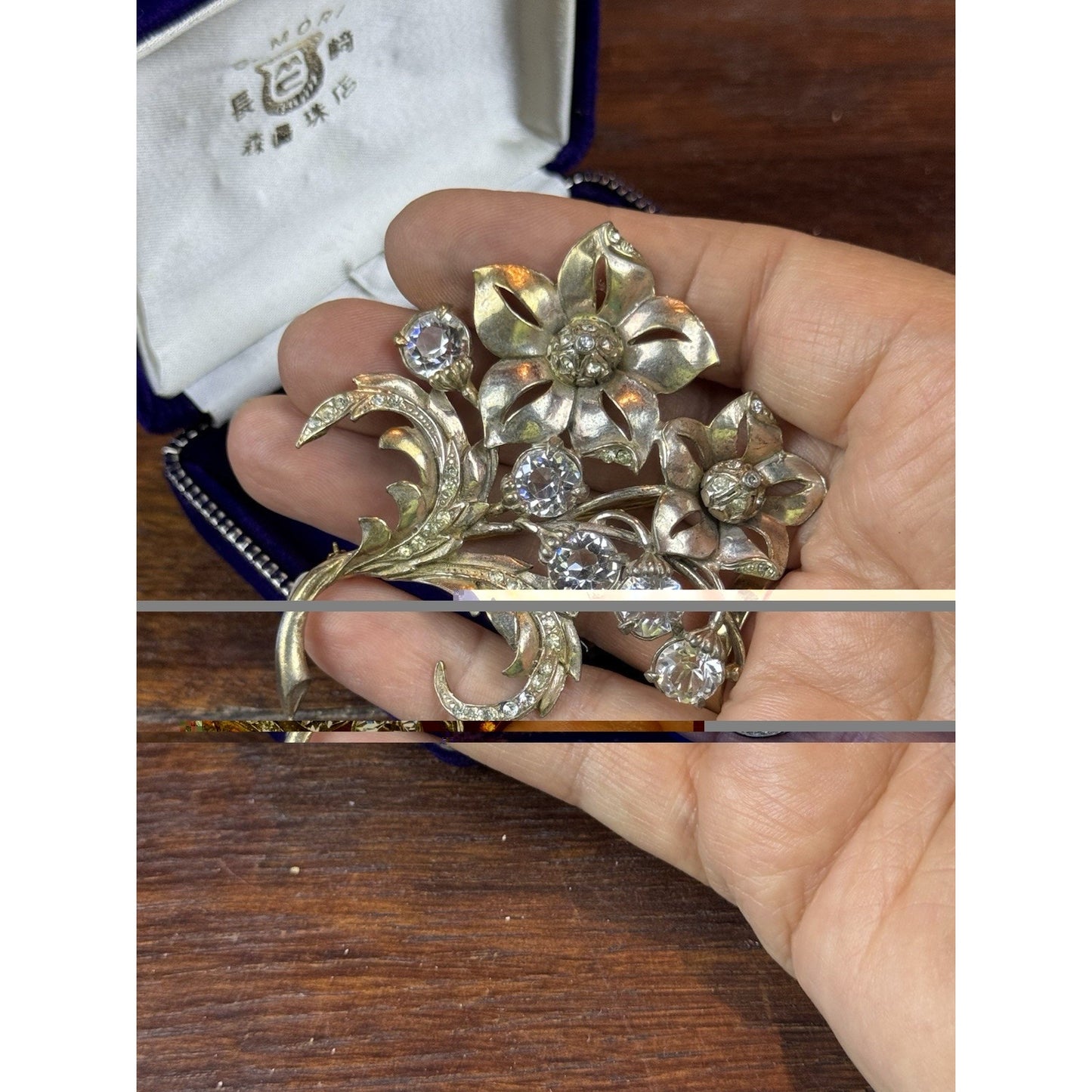 Vintage Brooch Silver-Goldtone Floral Clear Rhinestone Flower Spray Large 3”