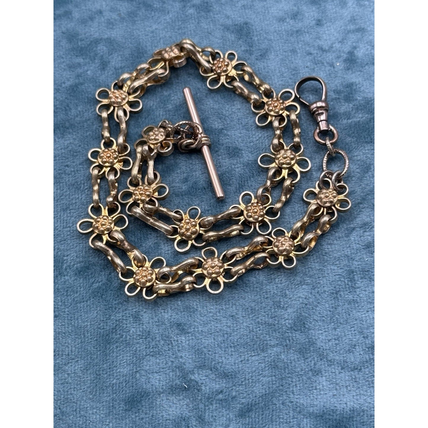 Antique Victorian Floral Link Watch Chain Rose Gold Filled T Bar Dog Clip