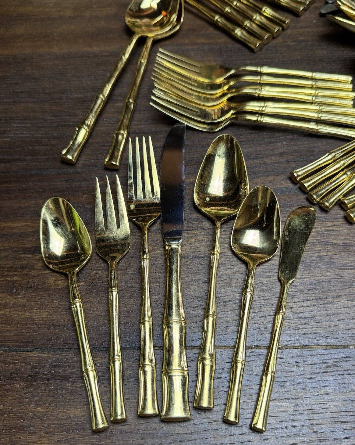 Vintage Bamboo Flatware Set Signed VS Gold Plated– 58 Pieces