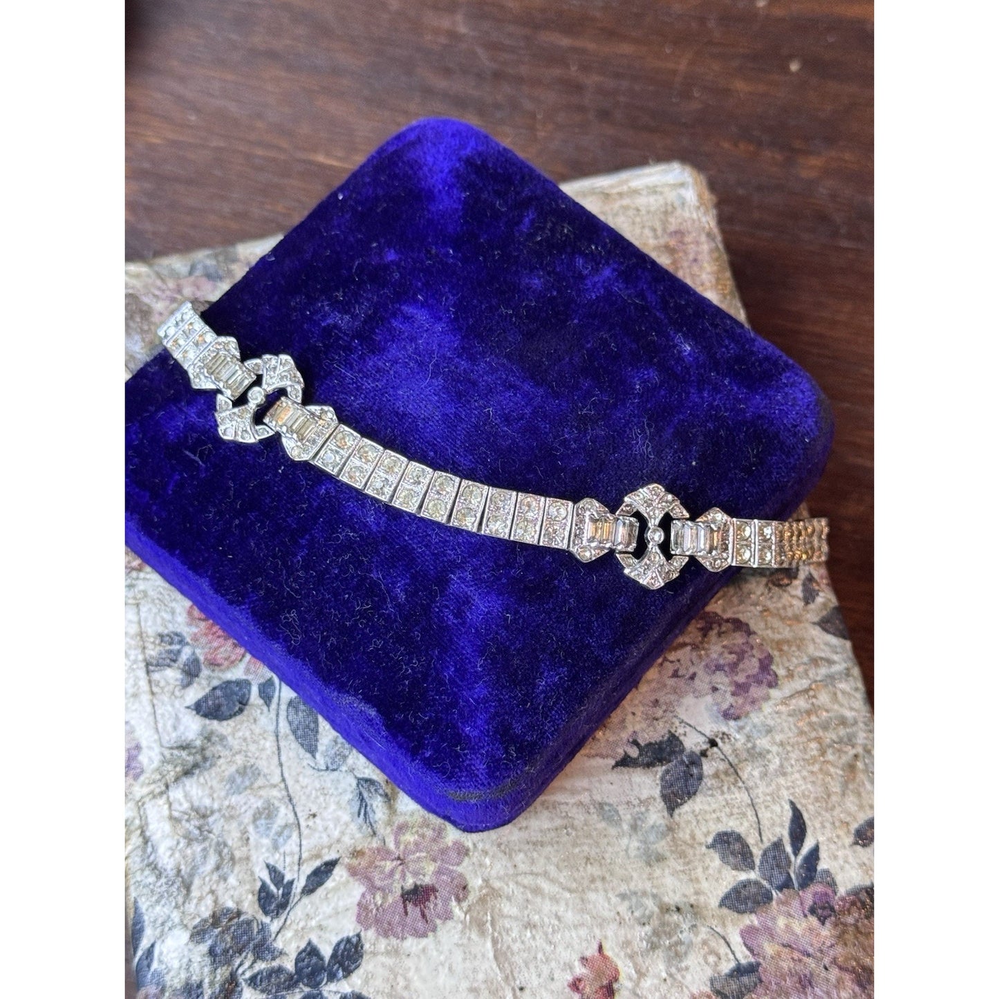 Antique Tennis Bracelet 1920s Sterling Silver Art Deco Rhinestone Patented 6”