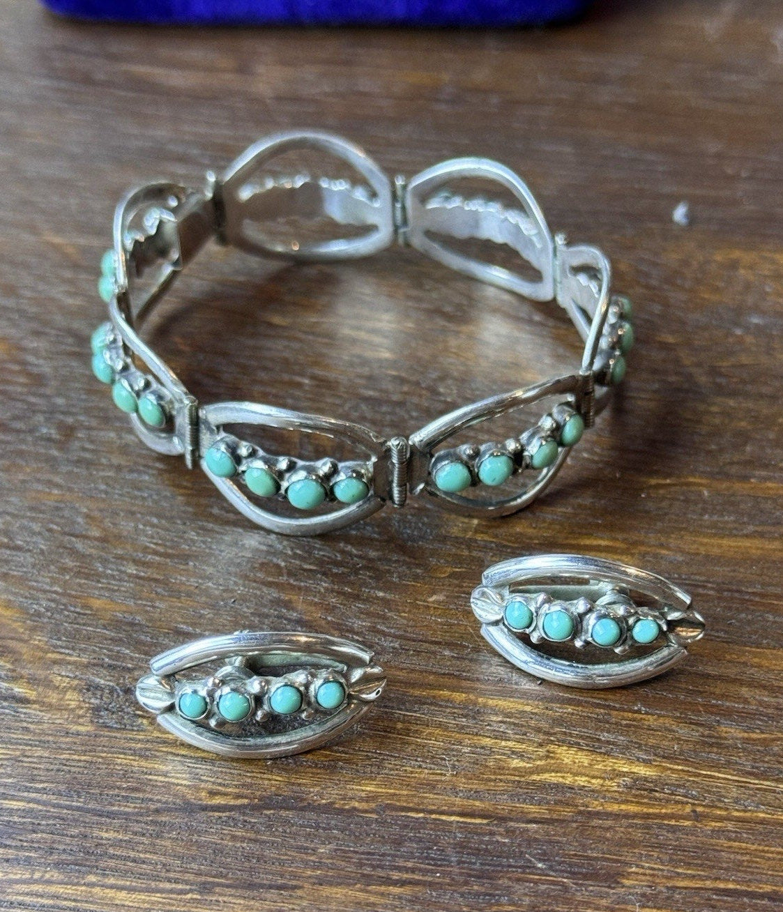 925 Bracelet Earrings Set Sterling Silver Green Cabochons Handmade ARTISAN