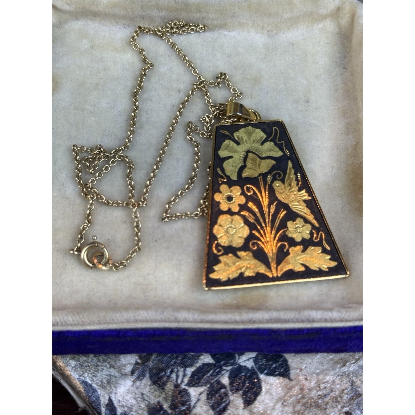 Vintage Damascene Bird Flower Pendant Necklace Gold Filled Chain 18”
