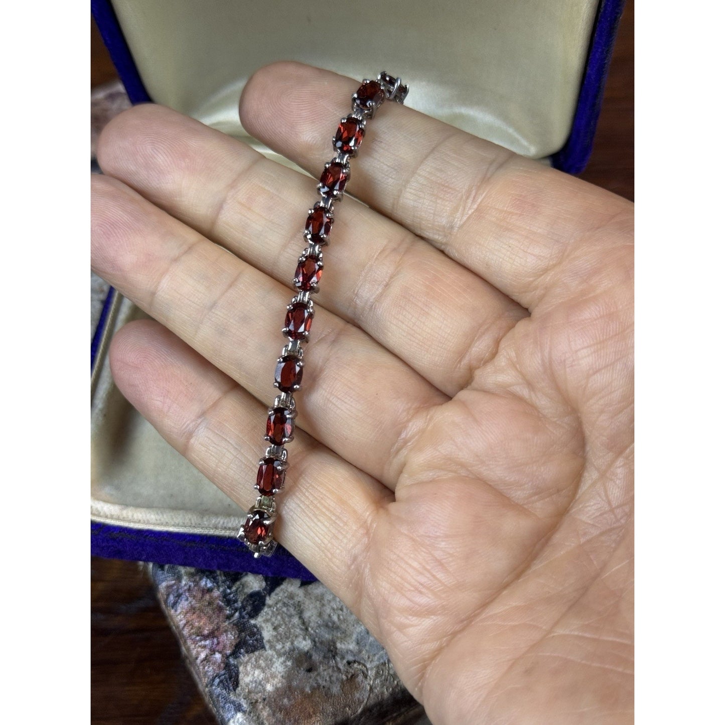 925 Sterling Silver Red Stone Tennis Bracelet Oval Stones 7”