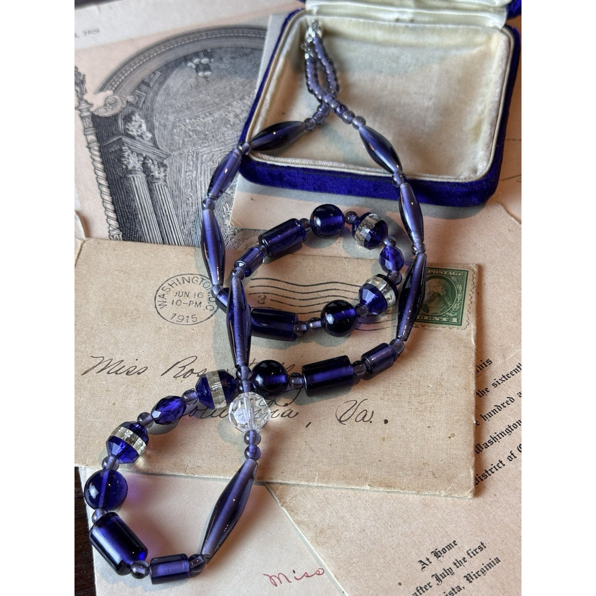 Art Deco Czech Purple Glass Crystal Bead Necklace Restrung 27.5” Vintage