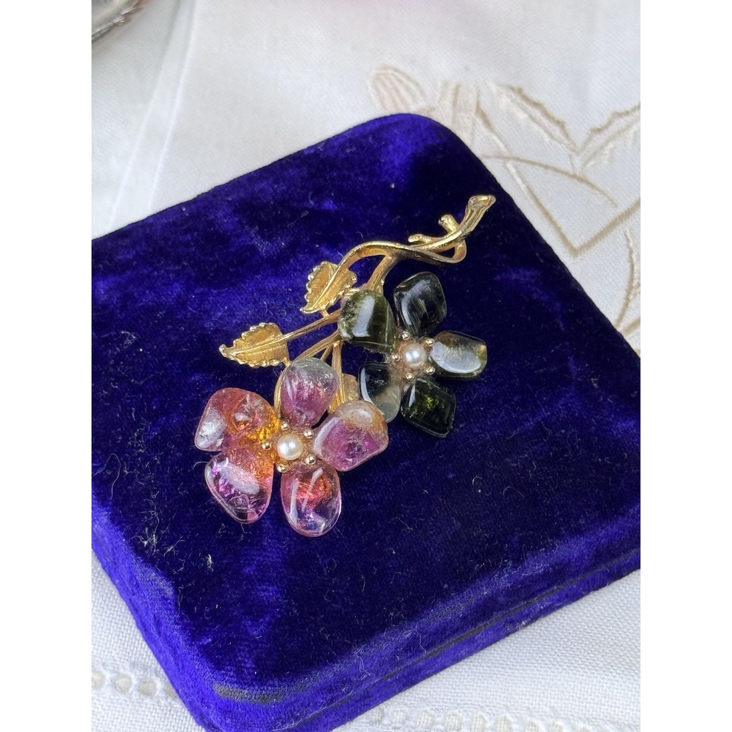 Vintage Pink Green Stone Floral Brooch Seed Pearl Goldtone 2.75” Estate Pin