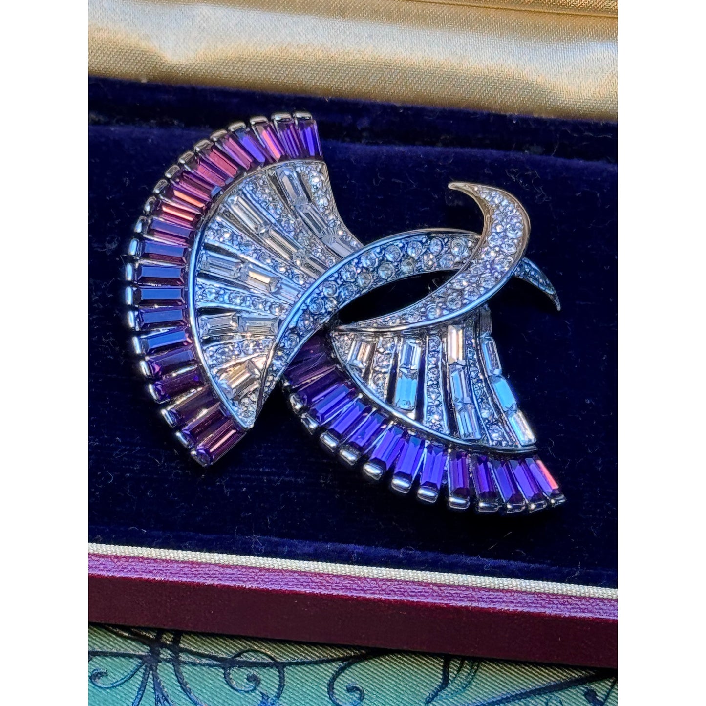 Vintage Blue Rhinestone Brooch Floral Ribbon Bow Statement
