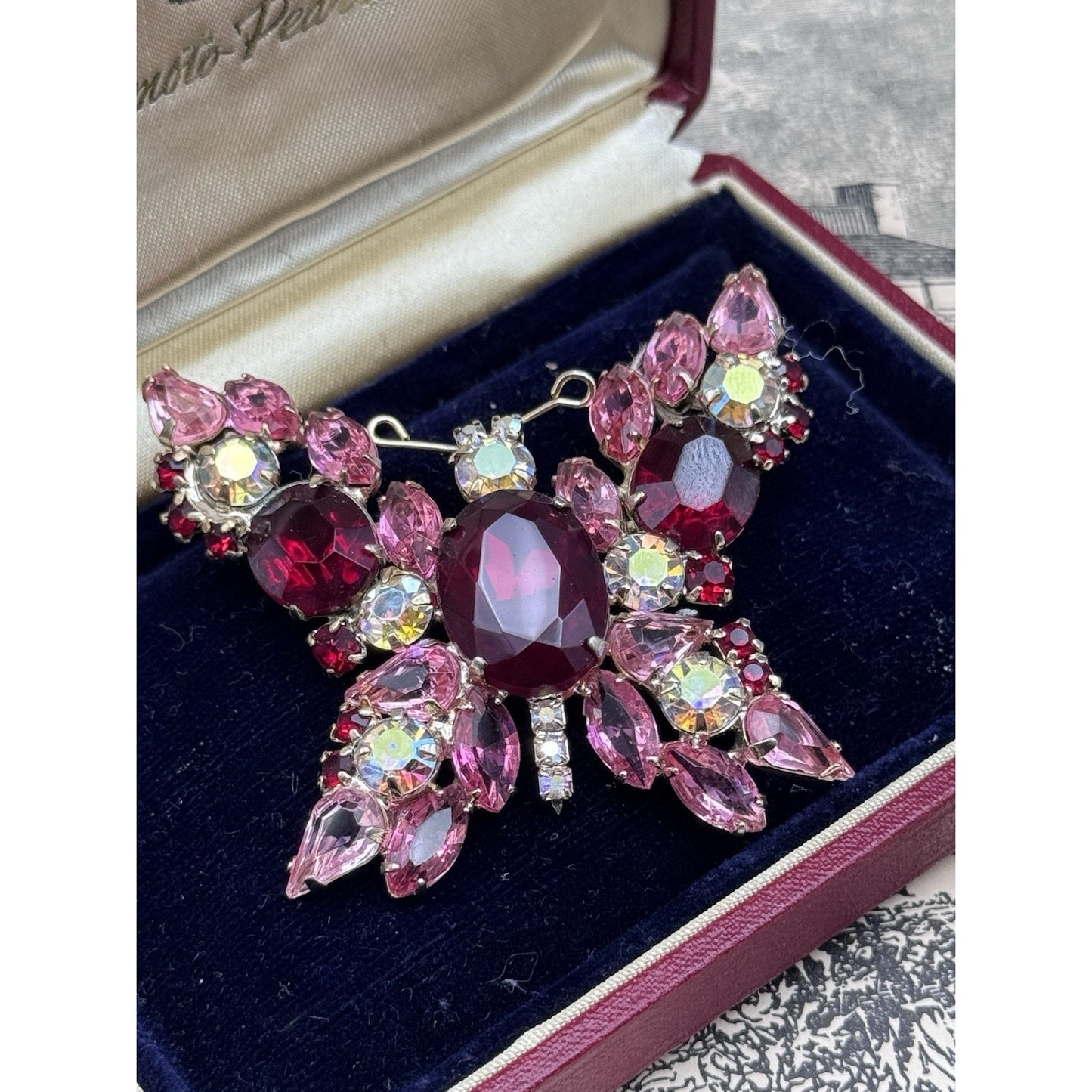Vintage Butterfly Brooch Pink Red Rhinestone AB Crystal Goldtone Figural 2”