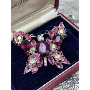 Vintage Butterfly Brooch Pink Red Rhinestone AB Crystal Goldtone Figural 2”