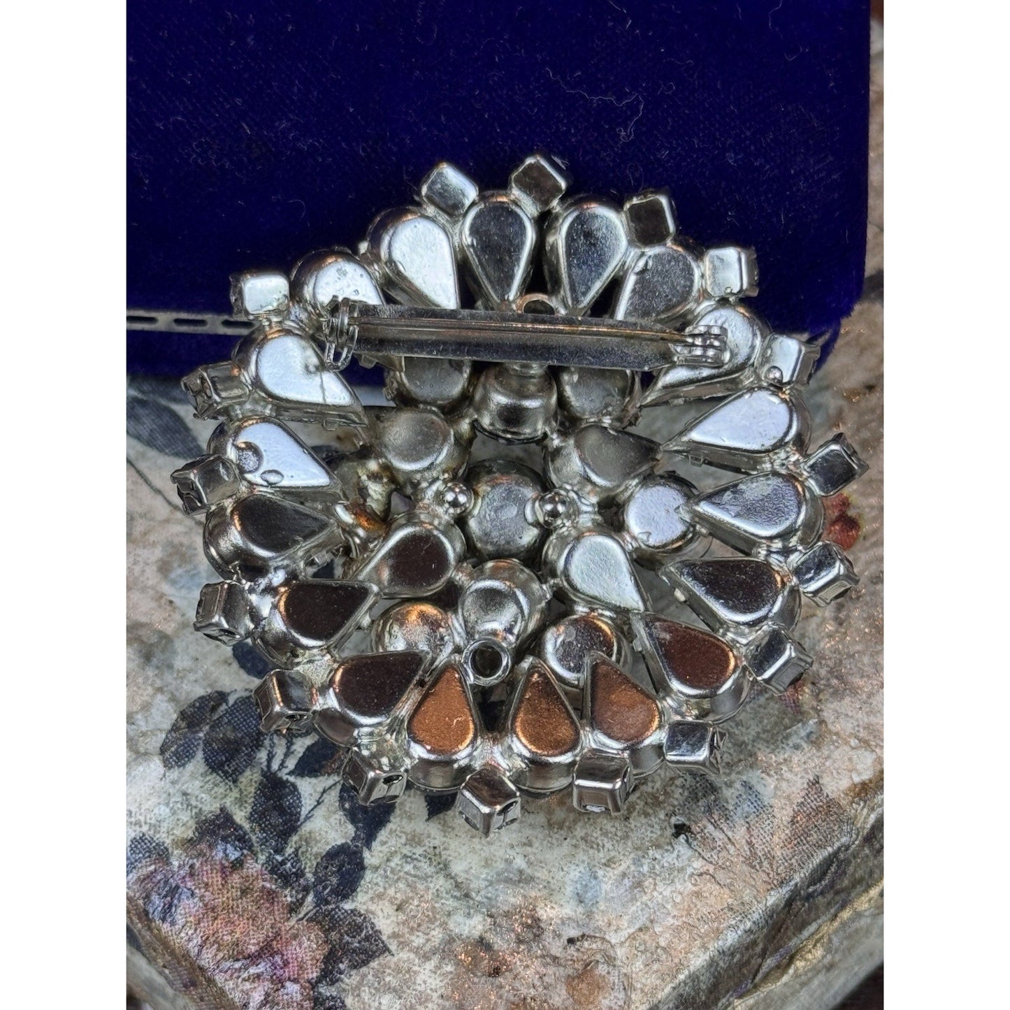 Vintage Smoky Gray AB Rhinestone Statement Brooch 2” Layered Floral Cluster