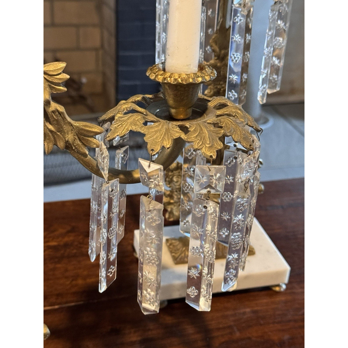 Girandole Candelabra Set Goldtone Floral Marble Crystal Prisms 3 Piece 18” 15.5”