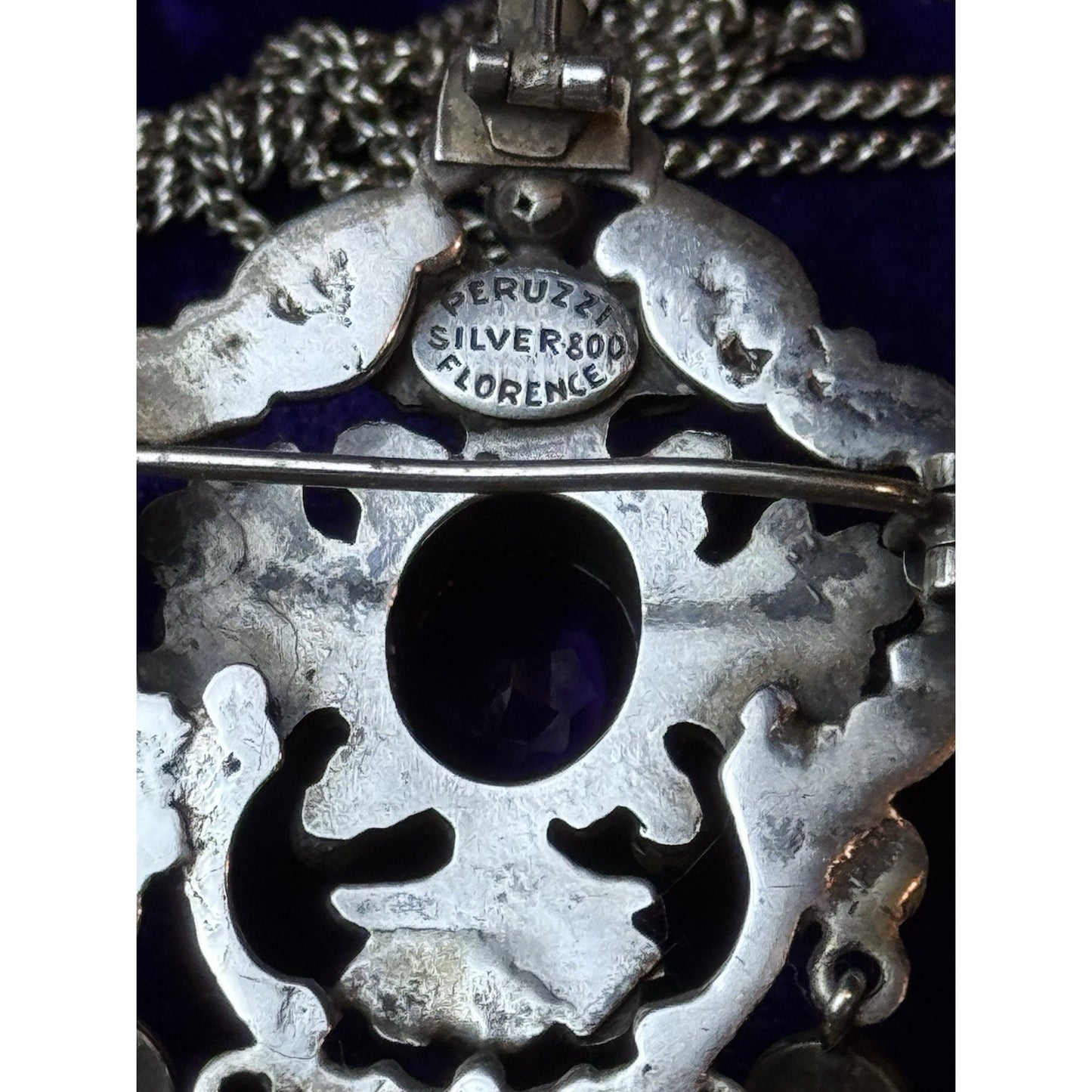 PERUZZI 800 Silver Florence Pendant Brooch Renaissance Revival Purple Stone