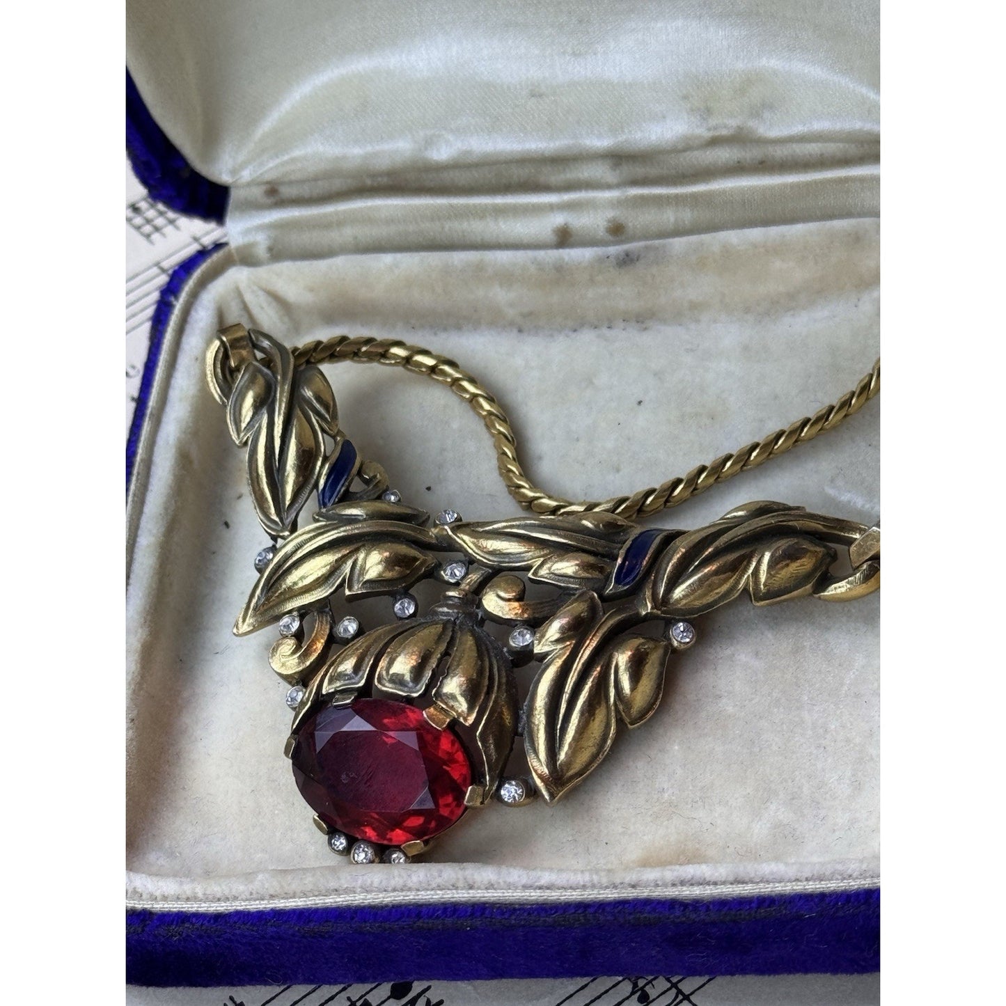 Vintage Trifari Alfred Philippe Bell Flowers Necklace Ruby Red Glass 16.5”