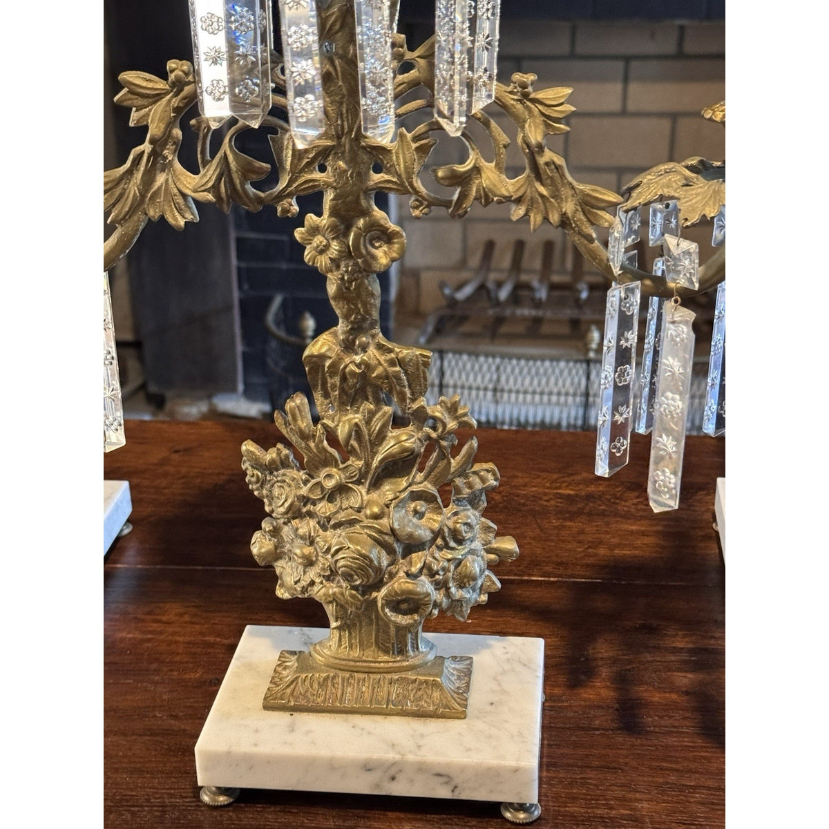 Girandole Candelabra Set Goldtone Floral Marble Crystal Prisms 3 Piece 18” 15.5”