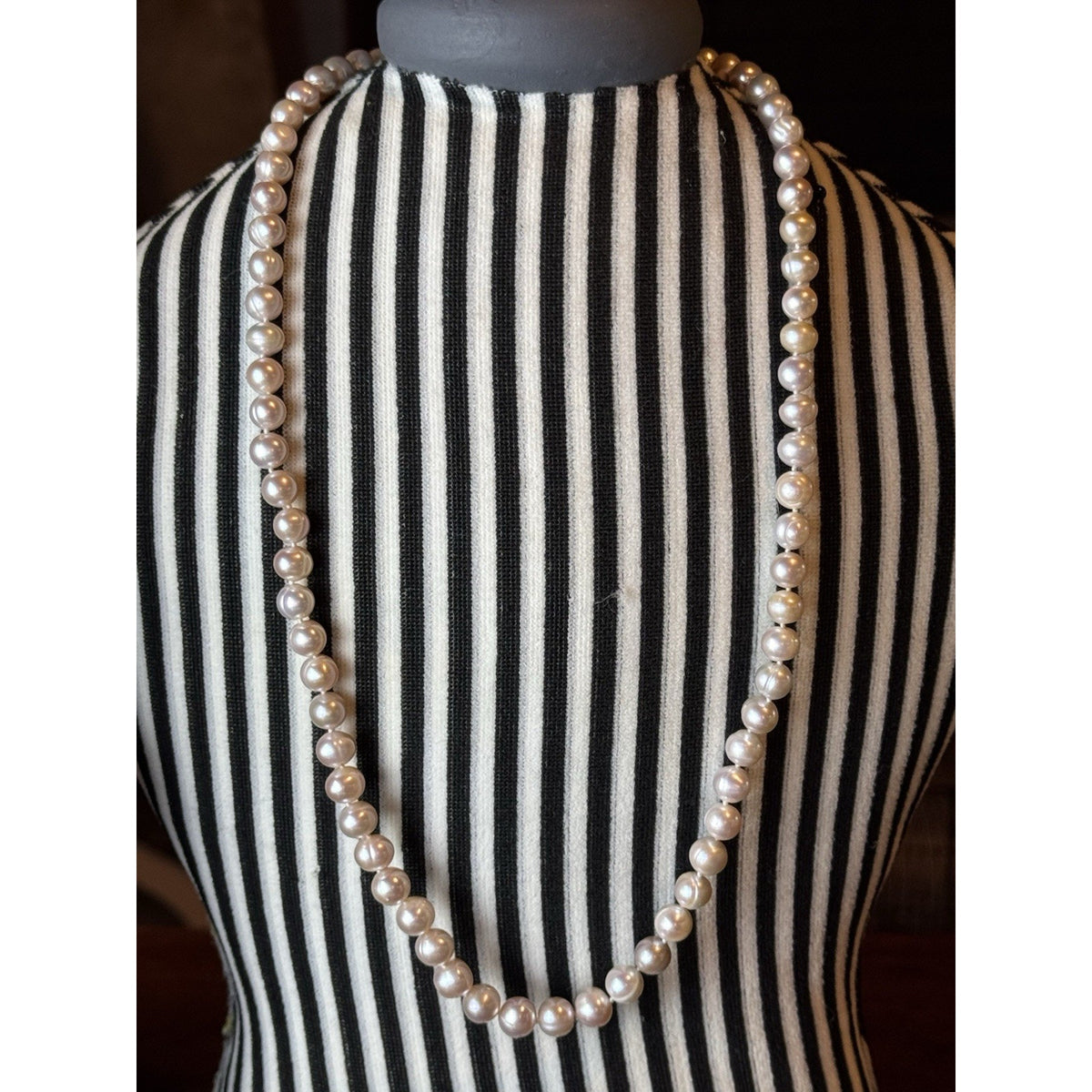 Pink Cultured Pearl Necklace 7mm Knotted Filigree Clasp 24”
