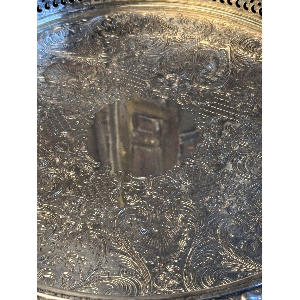 Silverplate Gallery Tray Chased Floral Shell Reticulated Edge Serving 12.5”