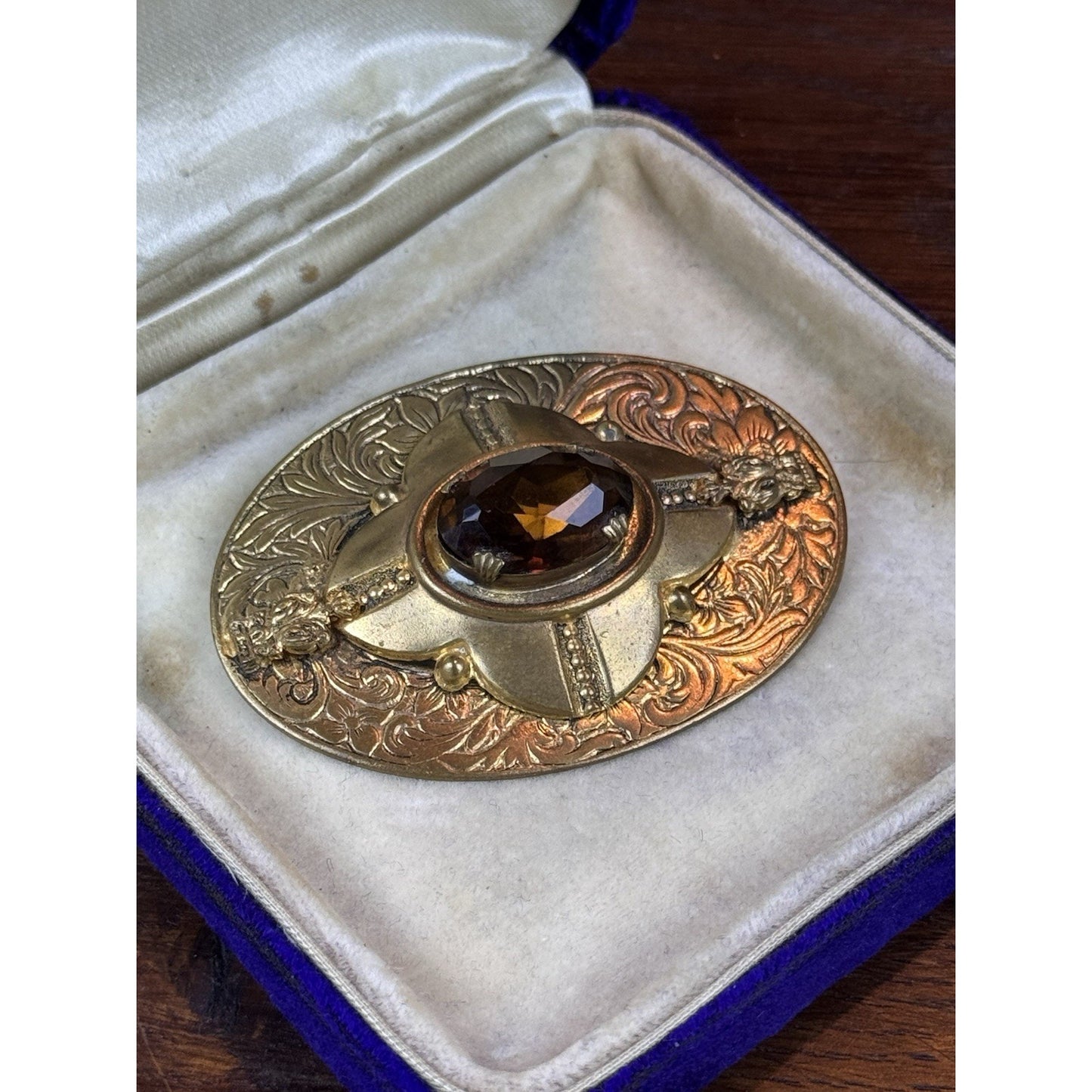 Vintage Brooch Brass Brown Glass Victorian Revival Ornate Oval 2.25”