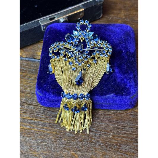 Vintage Blue Rhinestone Tassel Brooch Goldtone Statement Pin 4” Fringe