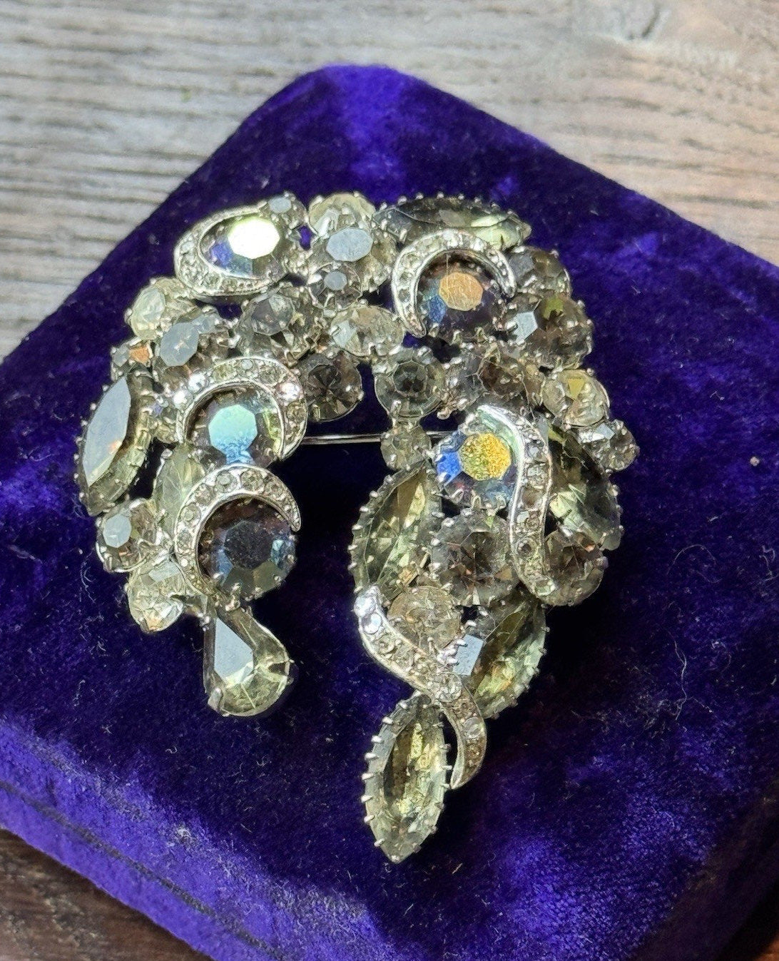 Vintage Rhinestone Brooch 2.5” Smoky Gray Aurora Borealis Crescent Statement