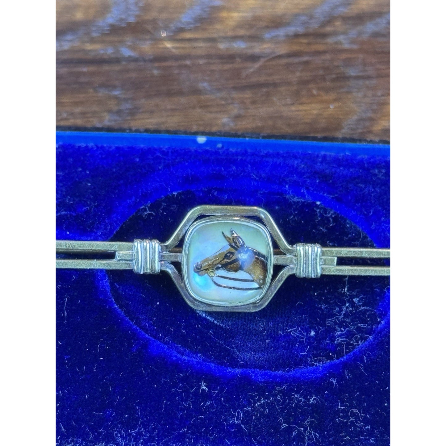 Vintage Krementz Horse Brooch Reverse Painted Equestrian Bar Pin 3.25” x 5/8”
