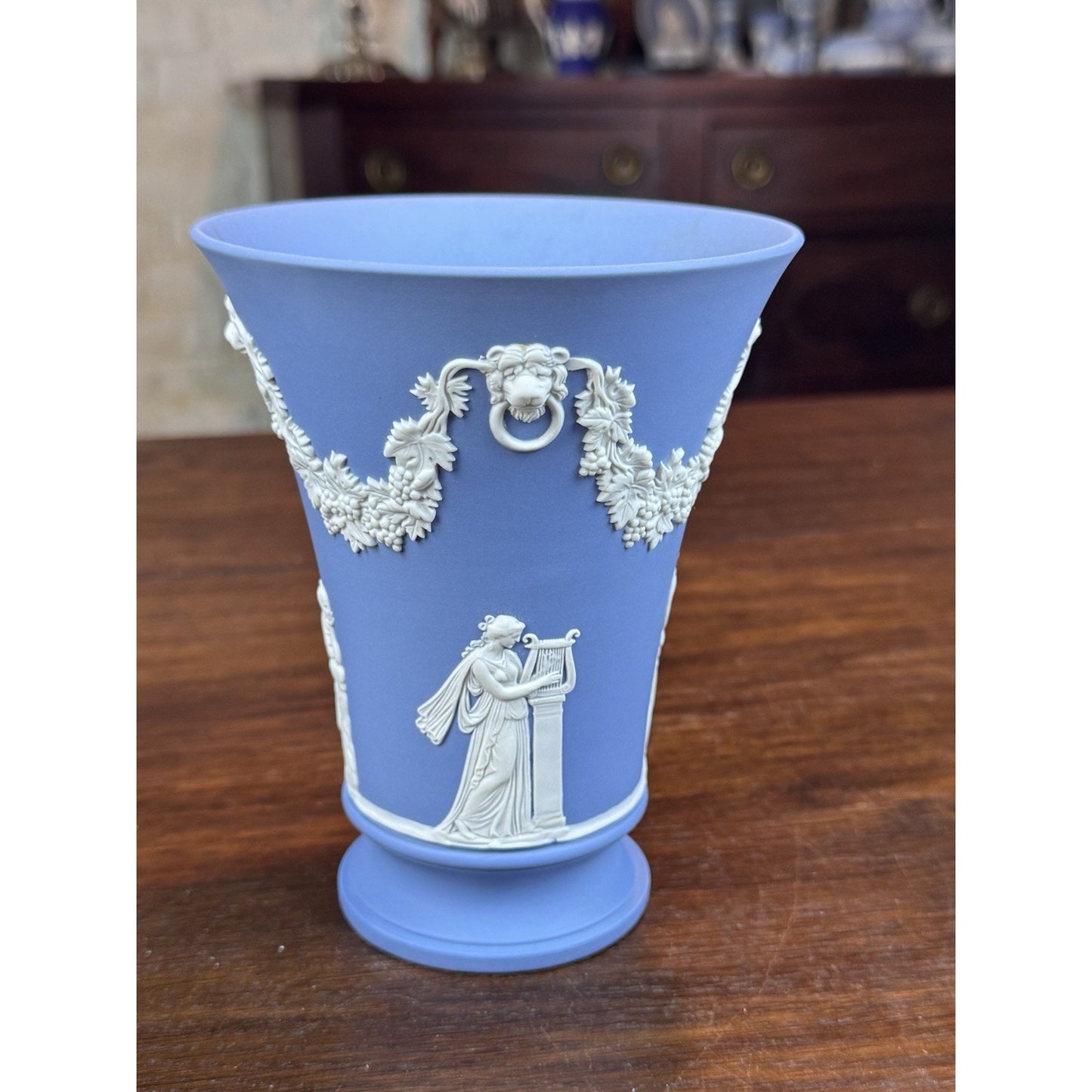 Vintage Wedgwood Jasperware Vase Blue White Classical Figures Grapevine 6” READ!