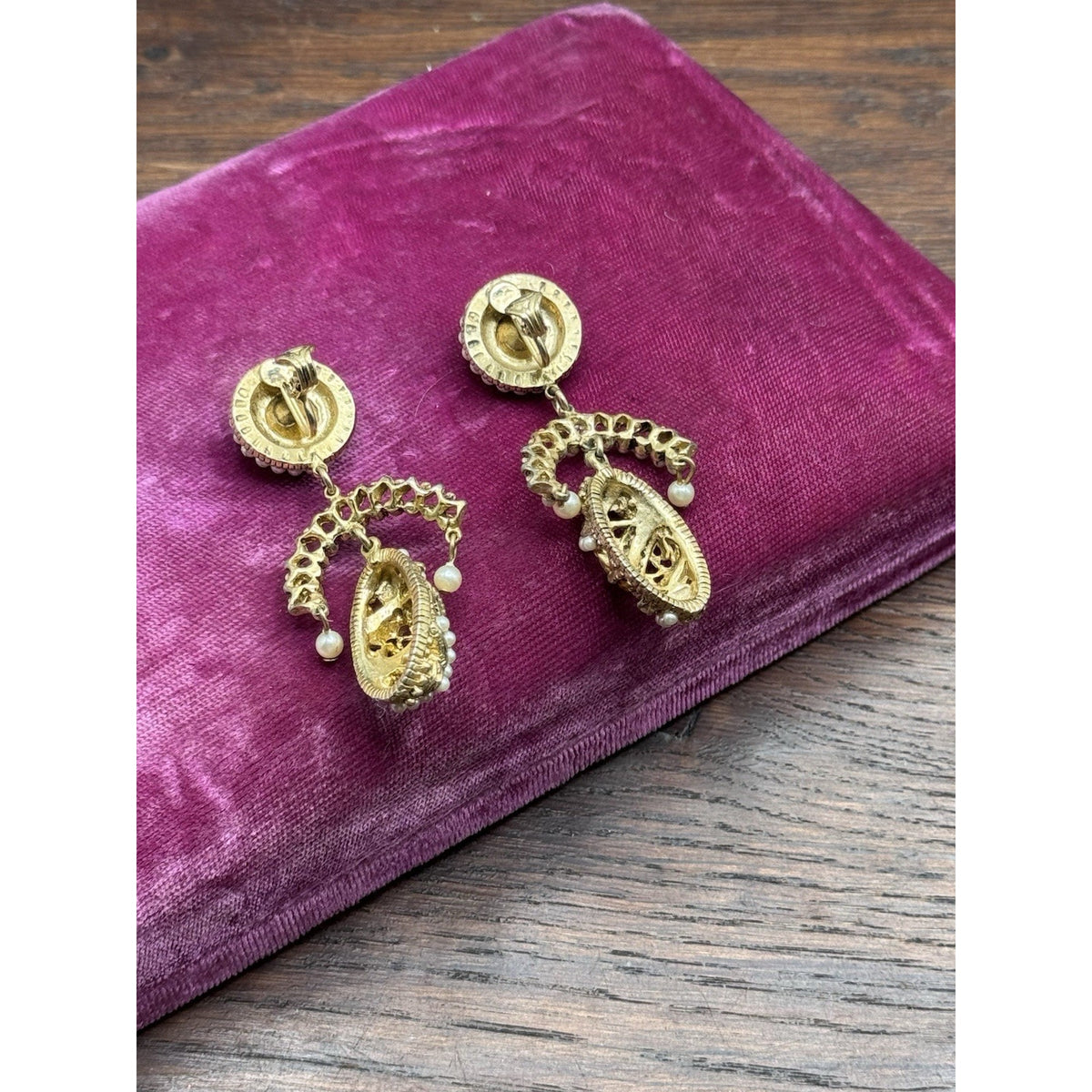Vintage Clip-On Earrings Faux Pearl Amber Rhinestone Dangle Goldtone 2.5”
