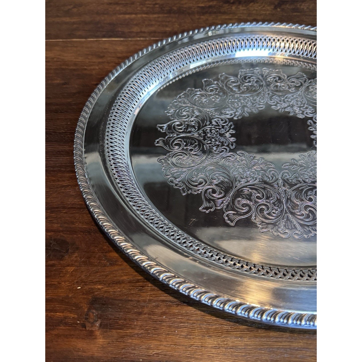 Silverplate Round Tray Reticulated 16.5” WM Rogers Engraved Serving Platter