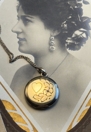 Gold-Filled Round Photo Locket Necklace Floral Heart JOYCE 19”