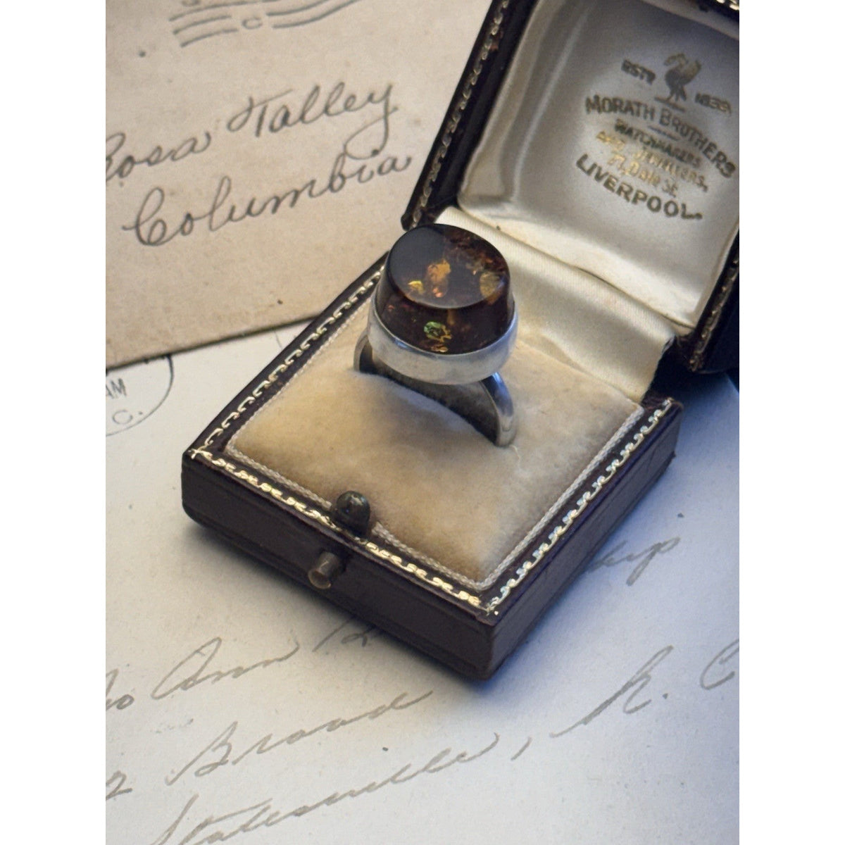 Artisan Amber Ring Tested Silver Modernist Statement Jewelry Size 8.5