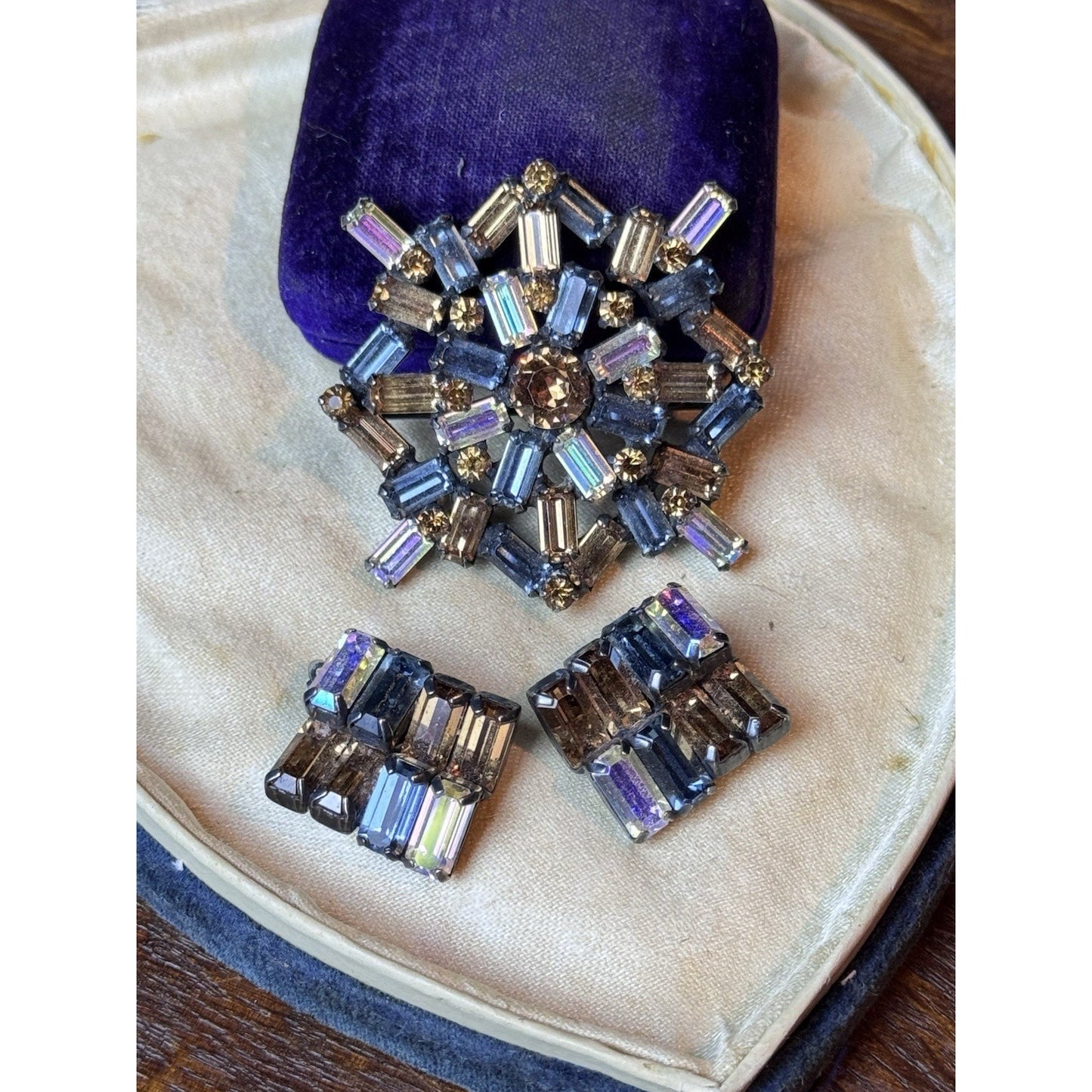 Signed Weiss Blue Bronze AB Rhinestone Demi Parure