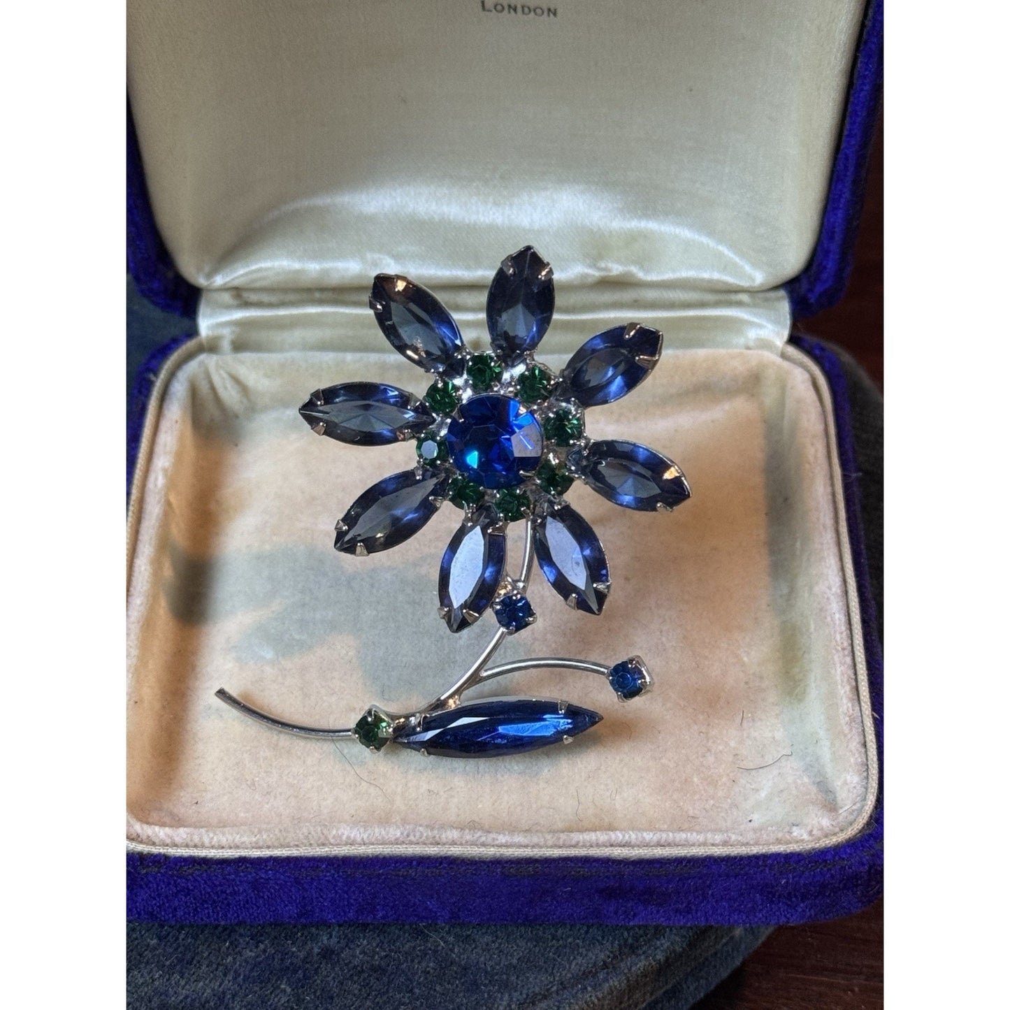 Vintage Blue & Green Rhinestone Flower Brooch Silver Tone Floral Pin 2.5”