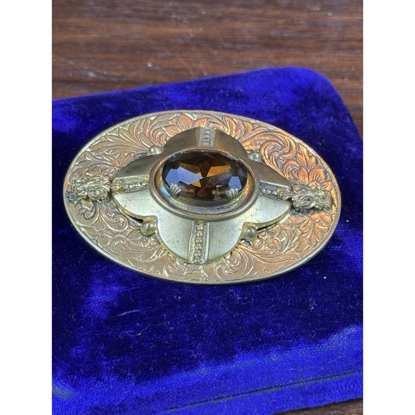 Vintage Brooch Brass Brown Glass Victorian Revival Ornate Oval 2.25”
