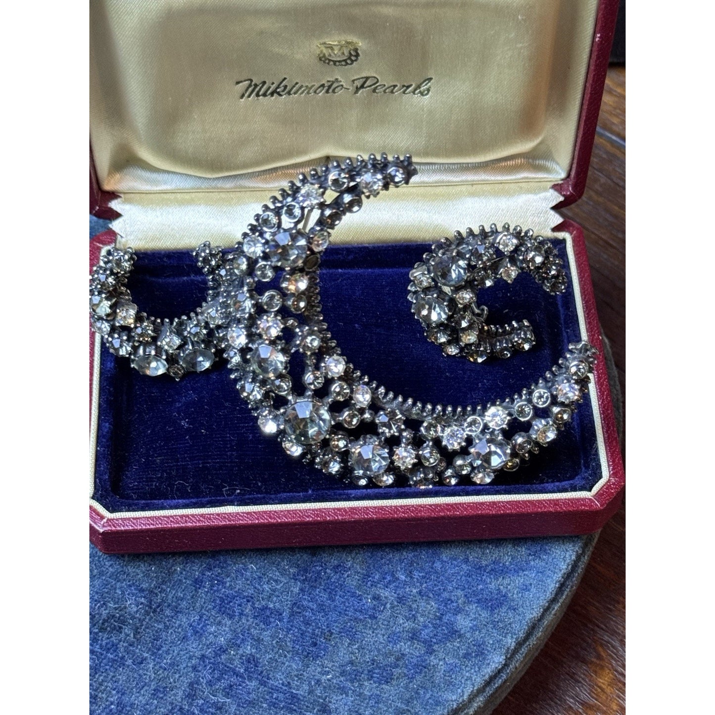 Vintage Rhinestone Crescent Moon Brooch Earrings Set Gray Clear Clip-On 3 Pc