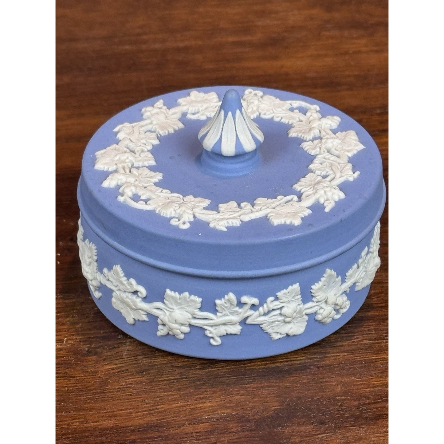 Vintage Wedgwood Jasperware Blue Lidded Trinket Box Grape Vine 3”