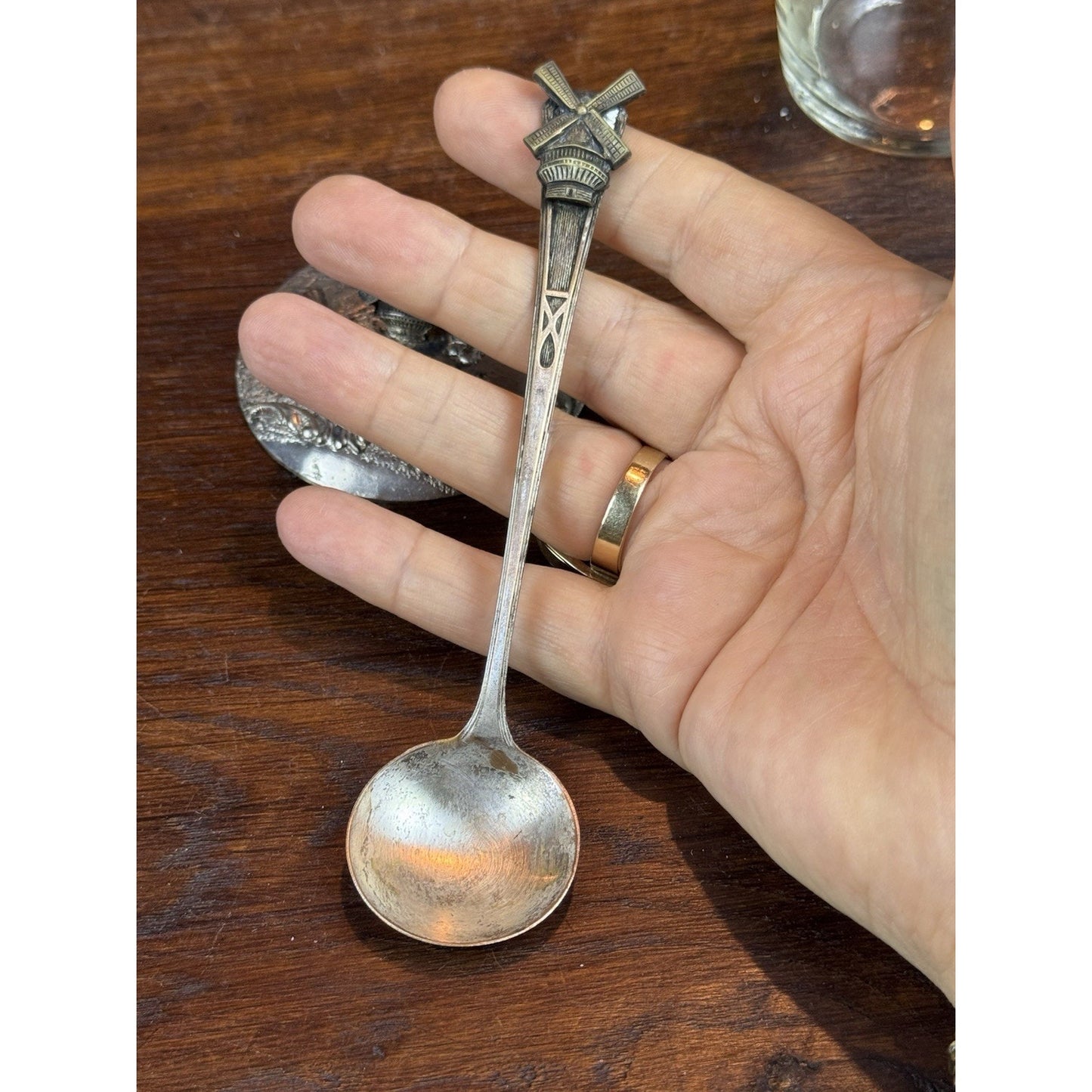 Vintage Dutch Windmill Silverplate Glass Confiture Jam Jar Matching Spoon