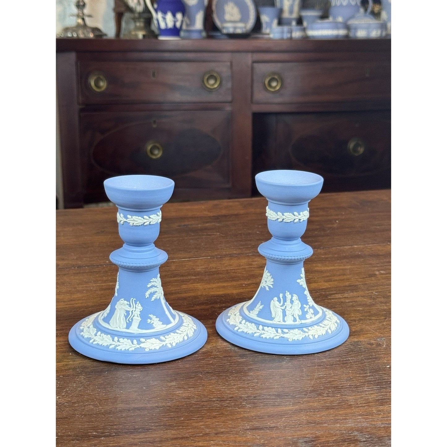 Wedgwood Blue Jasperware Candlestick Pair NEOCLASSICAL Figures 1982 4.75”