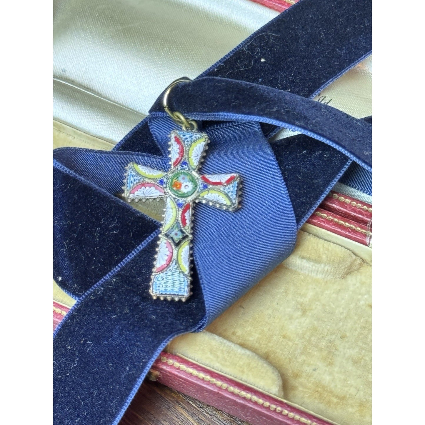 Antique Cross Italian Micro Mosaic Pendant Blue Velvet Ribbon Floral 1.5”