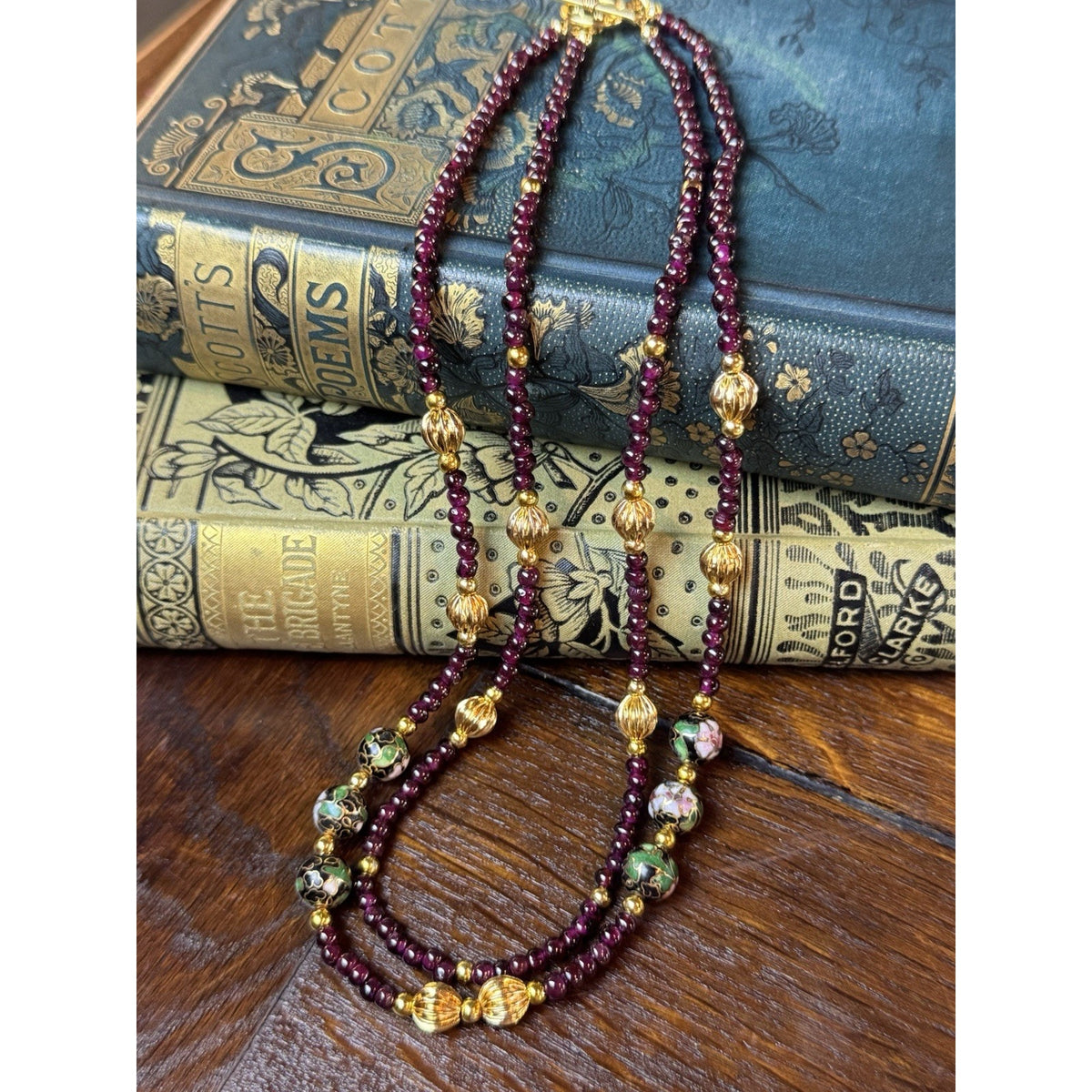 Garnet Double Strand Necklace 19” Floral Cloisonné Goldtone Beads Newly Restrung