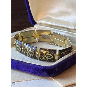Spanish Damascene Bracelet Black Goldtone Floral Panel Links 6.5”