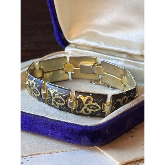 Spanish Damascene Bracelet Black Goldtone Floral Panel Links 6.5”
