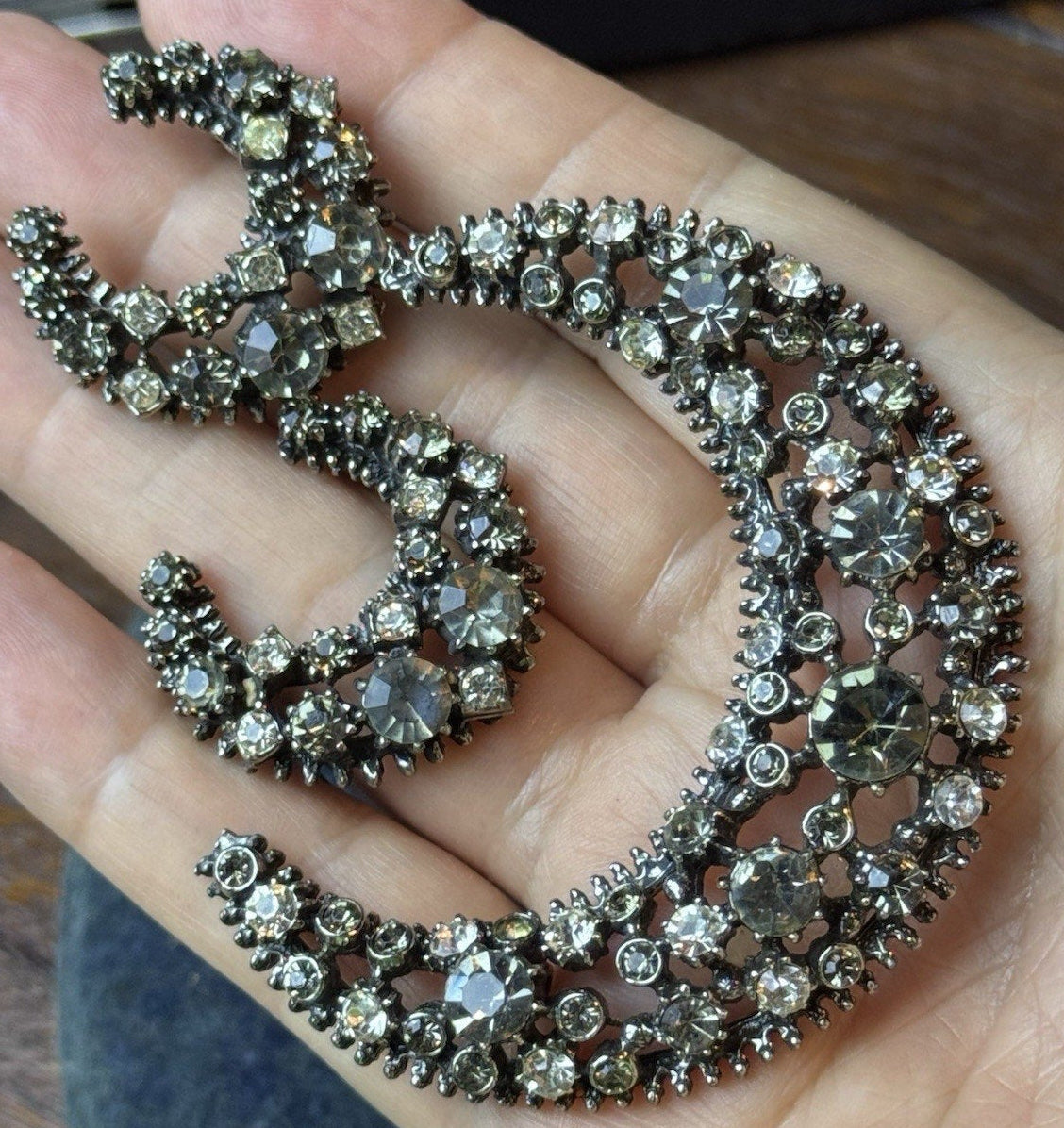 Vintage Rhinestone Crescent Moon Brooch Earrings Set Gray Clear Clip-On 3 Pc