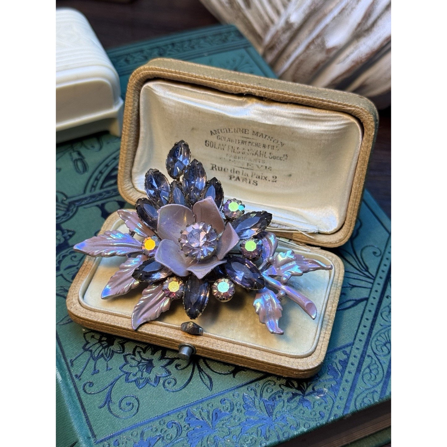 Vintage Lilac Enamel Floral Spray Brooch Smoky Lavender Rhinestones 3”