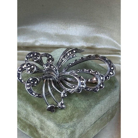 Vintage Sterling Silver Brooch Marcasite Bow Ribbon Floral 925 Missing Stone