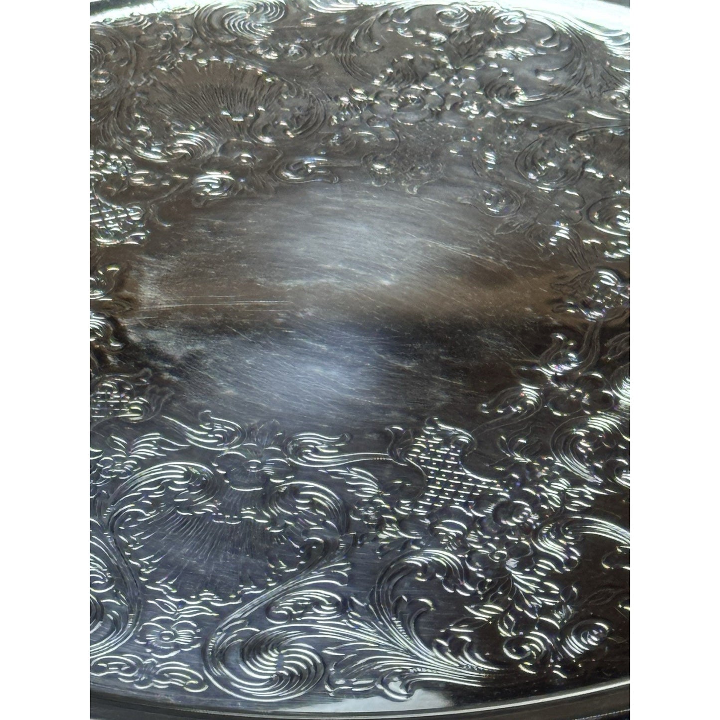 Silverplate Round Serving Tray WM Rogers Ornate Floral Rope Edge 10” VINTAGE