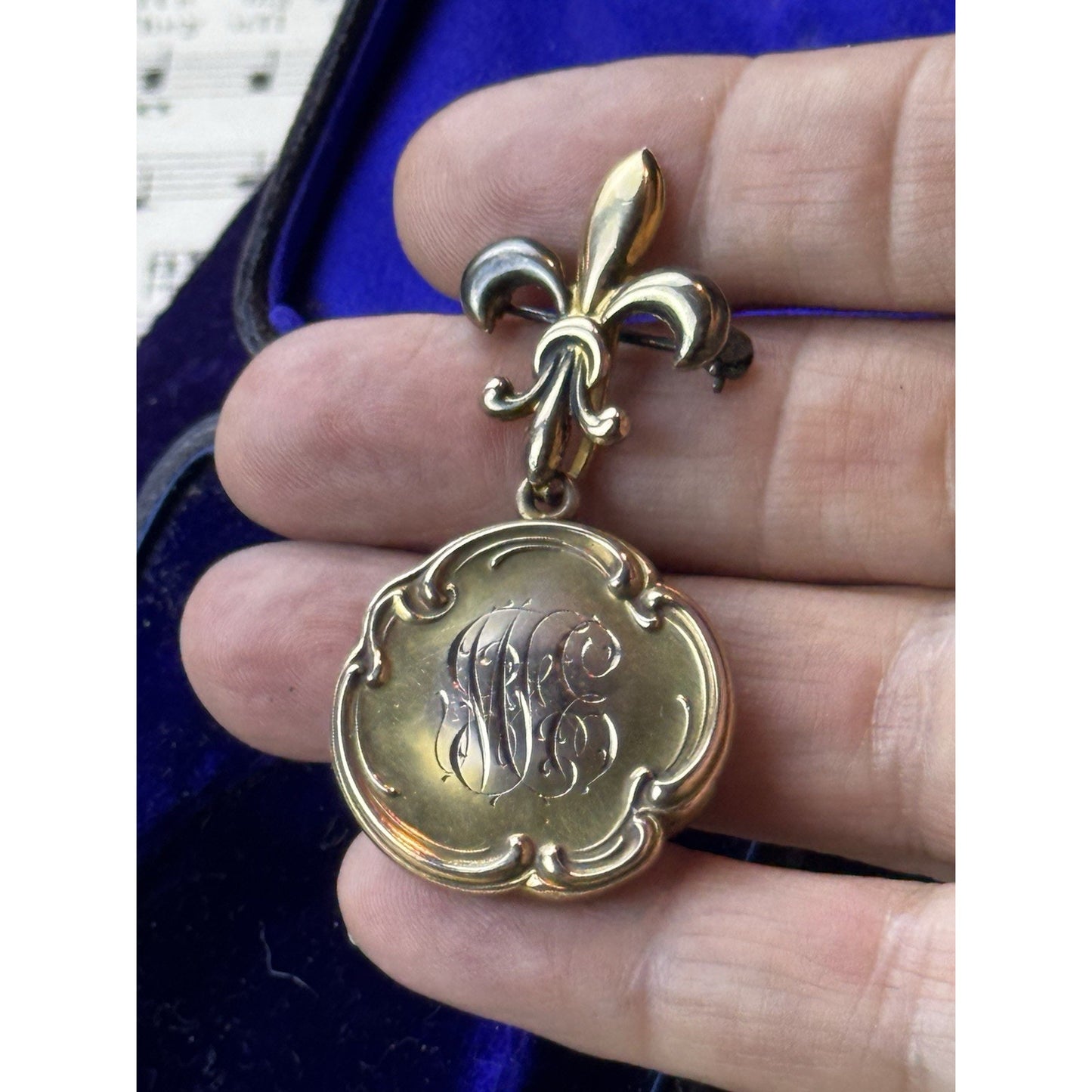 Antique Gold-Filled Locket Fleur De Lys Brooch Pin Monogram Photo 1”