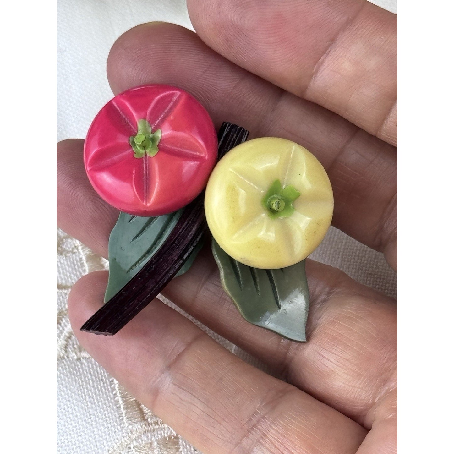 Plastic Fruit Brooch Pink Yellow Persimmon Figural Pin 2” Mid Century VINTAGE